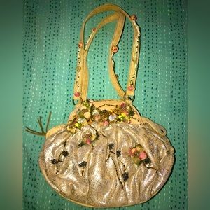 Vintage MARY FRANCIS bag, Gold distressed leather, roses, beads, shells/suede. !